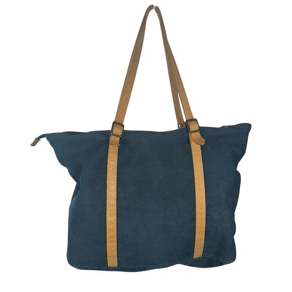 Hearth & Hand with Magnolia Canvas Tote Bag Navy with Tan Straps Large Carryall - Picture 2 of 13